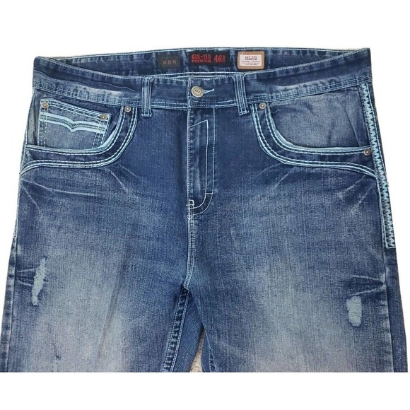 GS115 Brand Men's Blue Jeans Original Brand Size 46×32 Embroydered, Distressed. - Picture 3 of 13